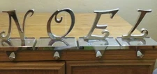 Metal Christmas Stocking Hangers Set 4 "NOEL" Silvertone finish SLANTED LETTERS