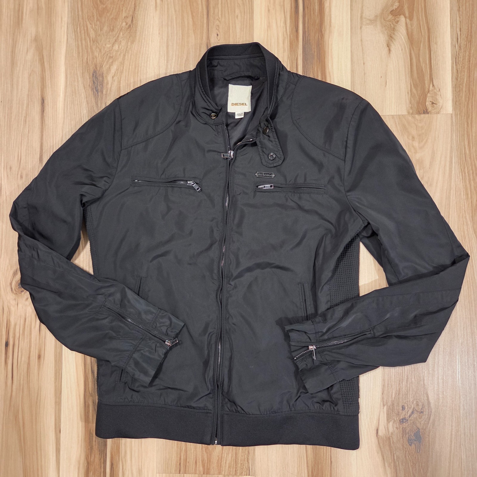 DIESEL Moto Light Jacket Size Large Bomber Zipper Pockets Racer Nylon Black 