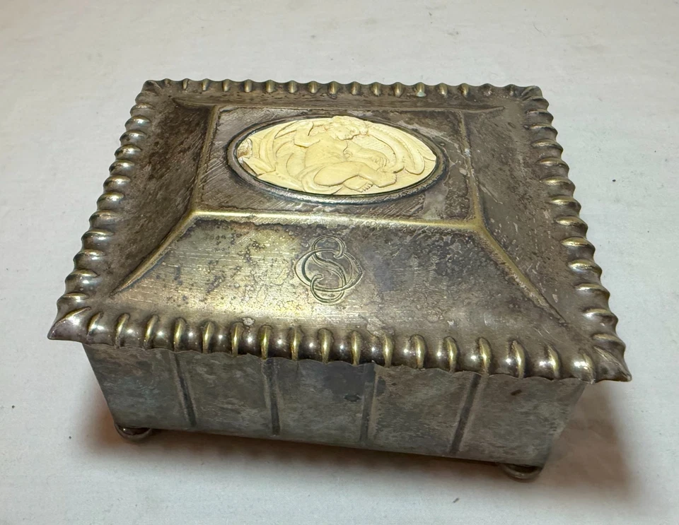 antique 1928 WMF silverplate carved wood lined cigarette dresser box - Image 2 of 4