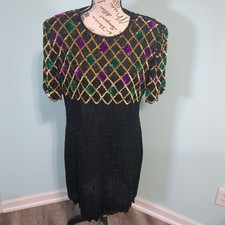 Mark & John by Gopal Silk Dress large Black Sequin Beaded Evening Cocktail Gown