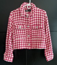 Zara Women's Short Textured Tweed Blazer Jacket Small Raspberry Houndstooth