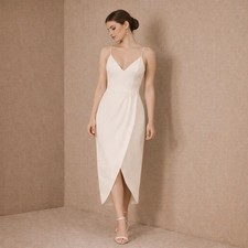 Anthropologie BHLDN Caron Dress 2 White Midi Crepe Bridal Graduation Engagement