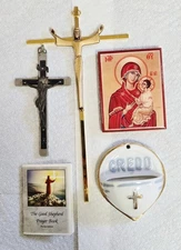 Lot of Vintage Religious Items, Crucifixes, Holy Water Font, Icon Virgin & Child