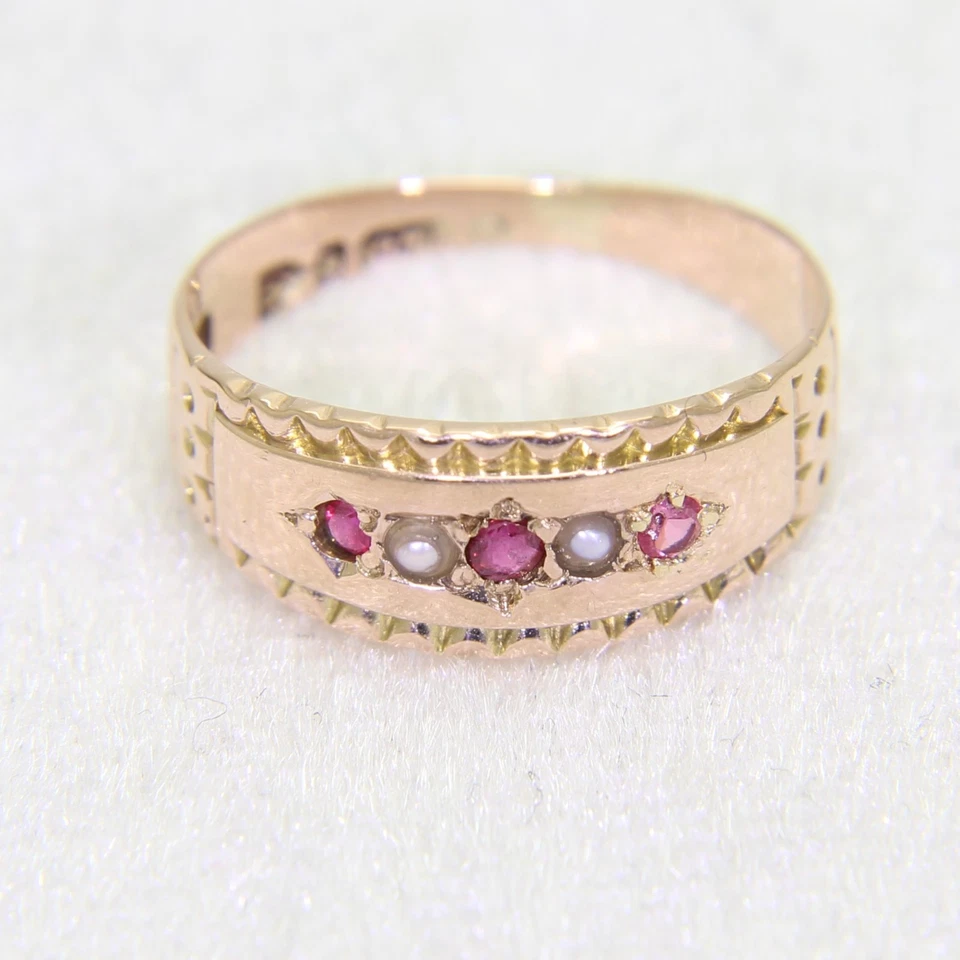 Victorian Ruby & Pearl 9ct Rose Gold Band Ring size H 1/2 ~ 4 1/4 - Image 4 of 4