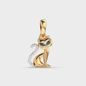 Authentic 925 Sterling Silver 14K Yellow Gold Plated Pave Tail Kitty Cat Pendant Black