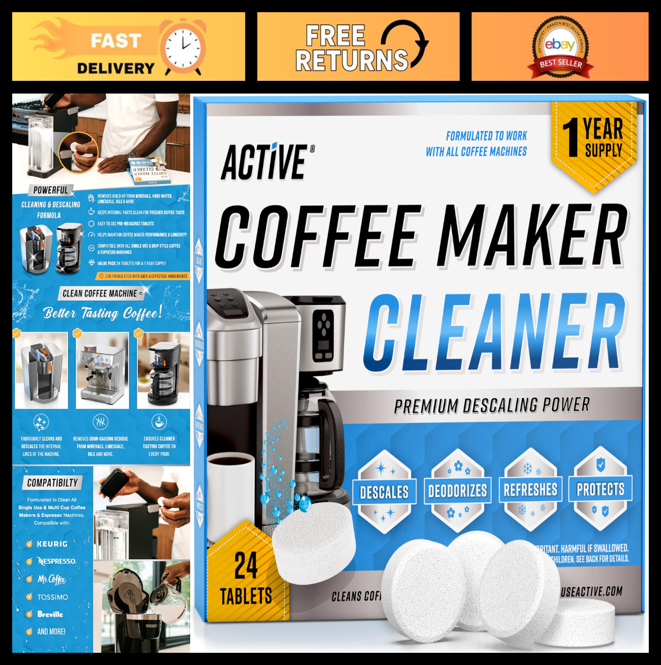 Coffee Machine Cleaner Tablets - 24 Count, Descaler for Nespresso, Keurig, Ninja