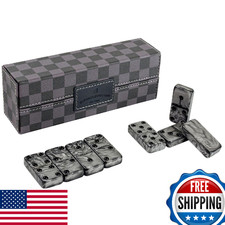 Dominos Set Double 6 Jumbo, 28 Thick Marbleized Black Tiles w/ Storage Box