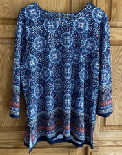 ALFRED DUNNER Women's Blue Geometric Beaded Neckline Pullover Blouse Top Size: L