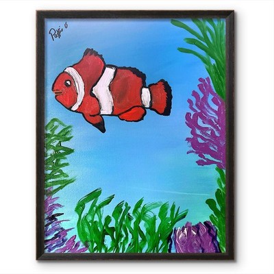 Clownfish Folk Art Painting Original 14x11  Folk Art Painting Canvas Signed Deco