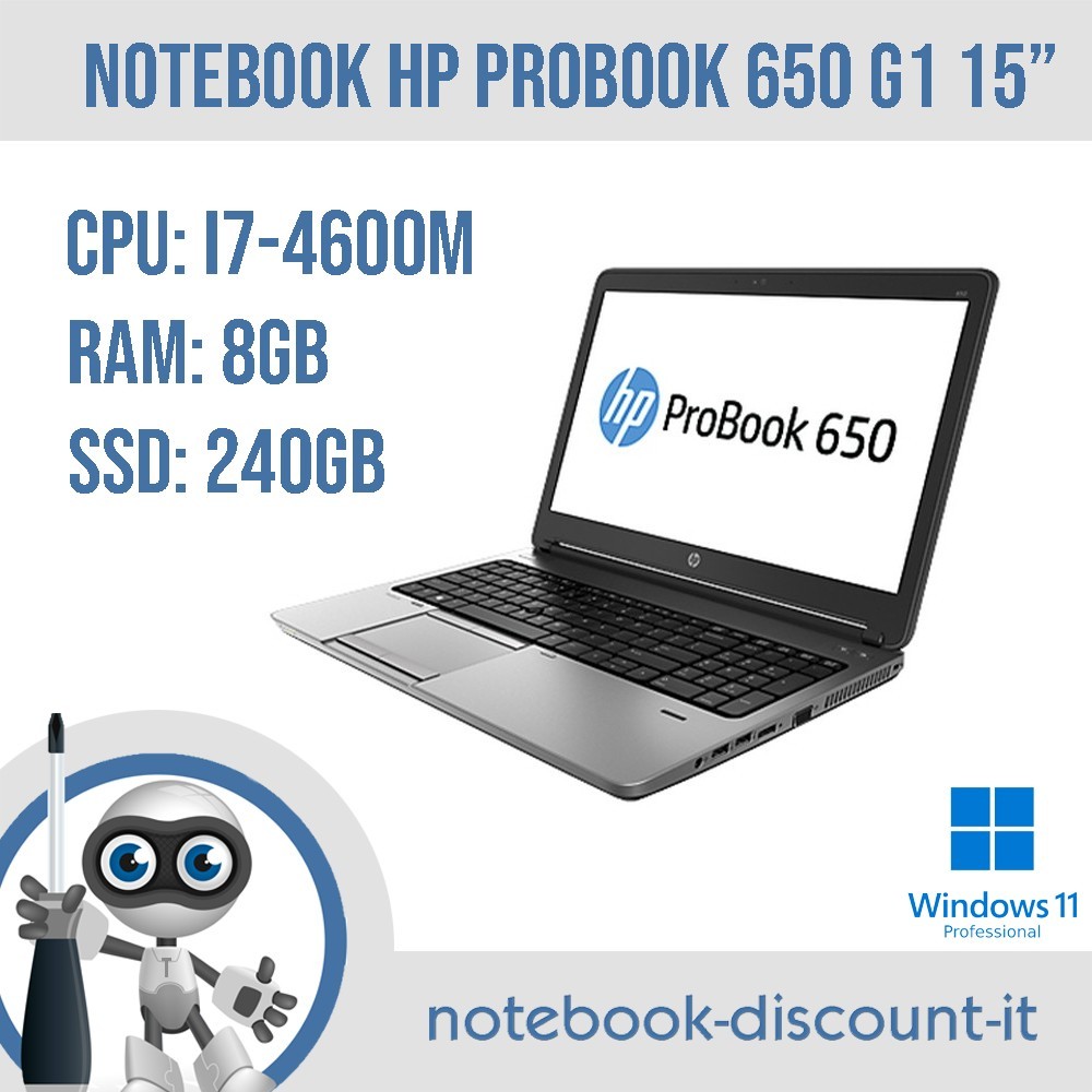 Notebook HP ProBook 650 G1 15,6" Cpu i7-4600M Ram 8gb DDR3 SSD 240Gb Win11P A-