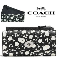 Coach Floral Flower Black White Removable Zippered Pouch Slim Wallet 