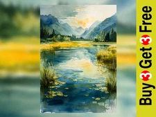 Peaceful Mountain Lake Landscape, Watercolor Painting Print 5"x7" on Matte Paper