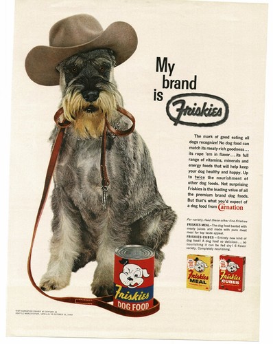 1961 Friskies Dog Food Vintage Print Ad Giant Schnauzer Cowboy Hat Western Retro