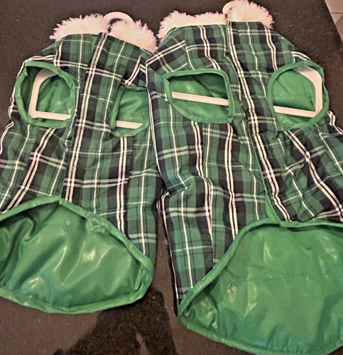 Pair of Top Dog 2010 Green Plaid Dog Coats – Size Large & Medium