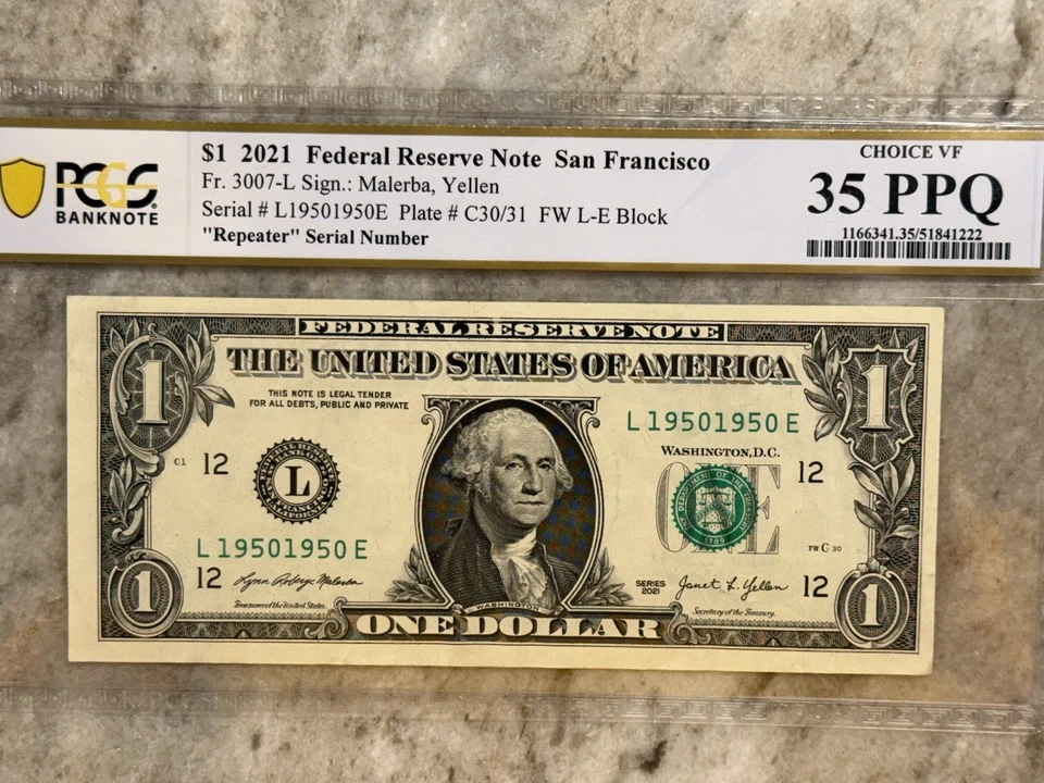 Repeater Serial Number (19501950), 2021 $1 FRN VF35EPQ Fr. 3007-L - Image 2 of 4
