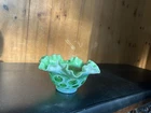 Early 20th Century Vintage Fenton Coin Dot Green Ruffled Bowl- Beautiful Piece