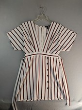 Forever 21 Womens Dress Large White Striped Plunging Dolman Deep V Neck Mini