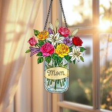 Mom Floral Acrylic Suncatcher Flower Jar Window Hanging Mother Day Gift Home