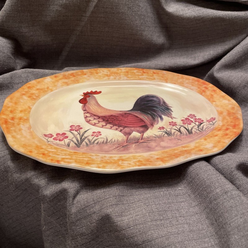VTG Tuscan Style Rooster  Earthenware Oval Platter Pristine For Age