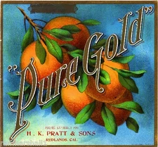 Redlands San Bernardino "Pure Gold" Orange Citrus Fruit Crate Label Art Print
