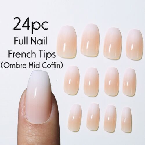 24pc Full Nail Long French Tips Cover Press On Natural Finger False Fake Wedding - Picture 5 of 72
