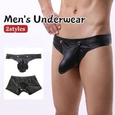 Mens Sexy Faux Leather Underwear Button Pouch Sheath Thongs Gstring/ Boxer Brief