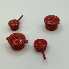 Vintage dollhouse cast iron Red Splatter wear Pots