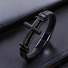 Men All Black Cross Braided Leather Bracelet Stainless Steel Magnet Clasp Bangle