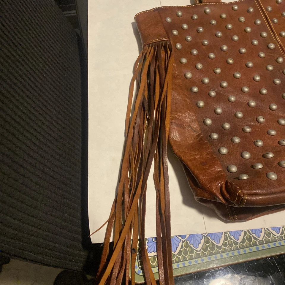 Brown Leather  Studded Tote With Fringe - Image 2 of 4