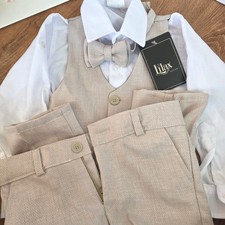 Lilax Boys Formal Suit 4 Piece Set Beige Bow Tie Vest Shirt Pants Size 4
