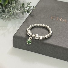 Beaded Stretch Ring  With A Mini Crystal Charm - Peridot - August Birthstone