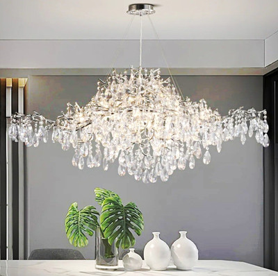 KAYLA 47.2in 14-Light Silver Luxury Crystal Linear Chandelier Movable Branches