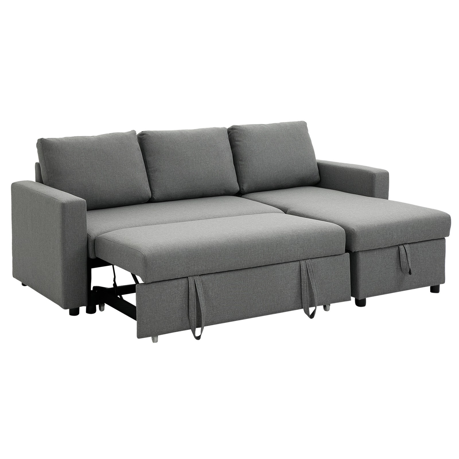 HOMCOM Divano Letto 3 Posti in Tessuto Grigio e Penisola con Vano Contenitore