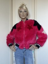 Elisabetta Franchi Faux Fur Bomber Jacket Pink Star Print Zip Size 40