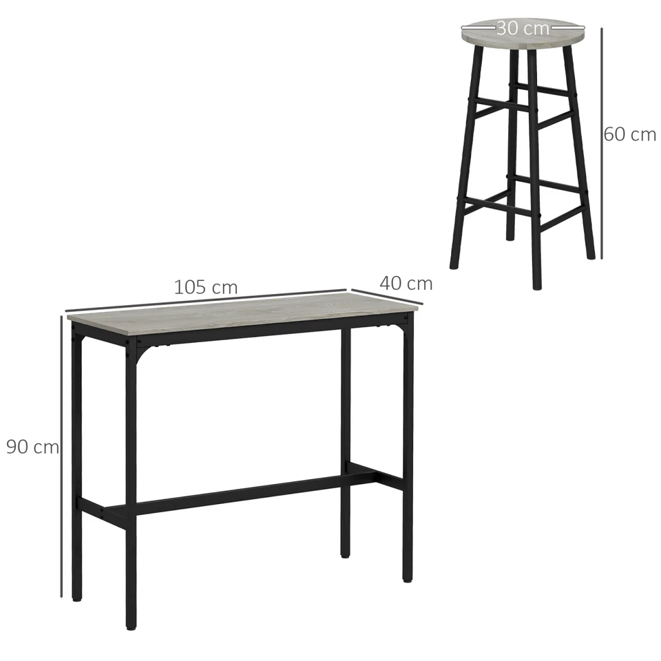 3 Piece Bar Set Industrial Style Kitchen Table & Stools Compact Grey Wood-Effect - Image 3 of 4