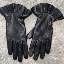 Preston  York New Black Leather Gloves With Leather Ruffle Size Small
