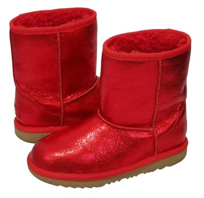 UGG Classic II Red Metallic Sparkle Leather Winter Boots Kids Size 3
