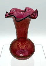 4.75" Cranberry Crackle Rainbow Art Glass Vase #502 Decorated