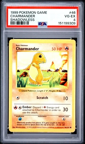 1999 POKEMON BASE SET SHADOWLESS #46 CHARMANDER PSA 4