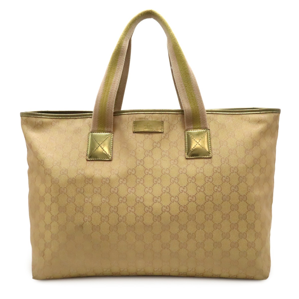 GUCCI GG Canvas Tote Bag in Nylon with Gold-Pink Metallic Leather Trim