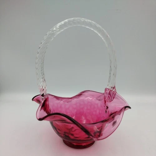 Vintage Fenton Cranberry Wavy Glass 7.5” Basket With Clear Twisted Handle