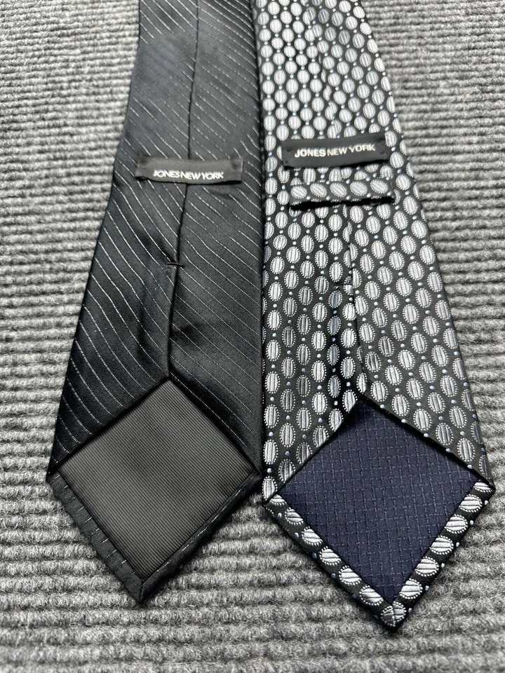 Lote de 2 Corbatas Jones New York Para Hombre 100% Seda Rayas Negras Gris Geométricas Clásicas Foto 2 de 4