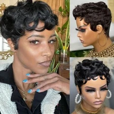 Short Pixie Bob Wig With Bangs Pixie Cut Human Hair Wigs For Women Natural Black