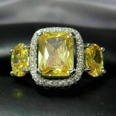 New 3Ct Emerald Cut Lab-Created Citrine Women Ring 14K White Gold Plated Silver