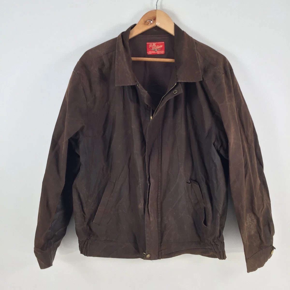 RM Williams mens oilskin jacket size L brown long sleeve zip collar 068331