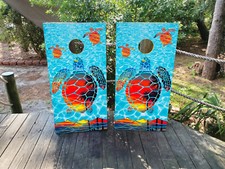 WATERPROOF  FADEPROOF Cornhole Board Wraps -  Beachy Turtle Sunset