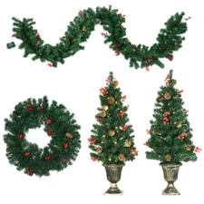 Prelit Holiday Christmas 4-Piece Set, Garland Wreath and Set of 2 Entrance Trees