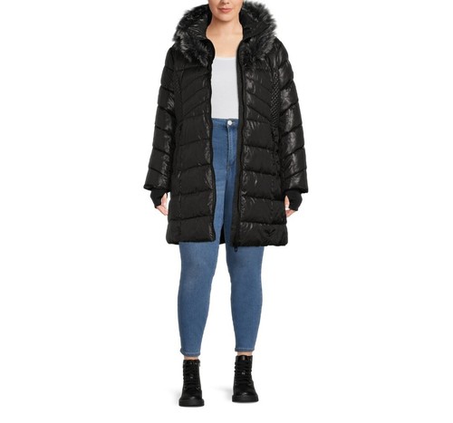 XOXO Women's Multi Quilt Puffer Coat with Hood, Size 1XL Black