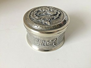 ANTIQUE CHINESE SILVER CHASED RAISED PILL BOX