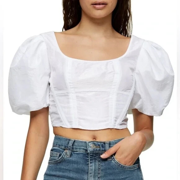 Topshop Corset Top Womens Off White Taffeta Puff Sleeve Zip Back Crop  Blouse